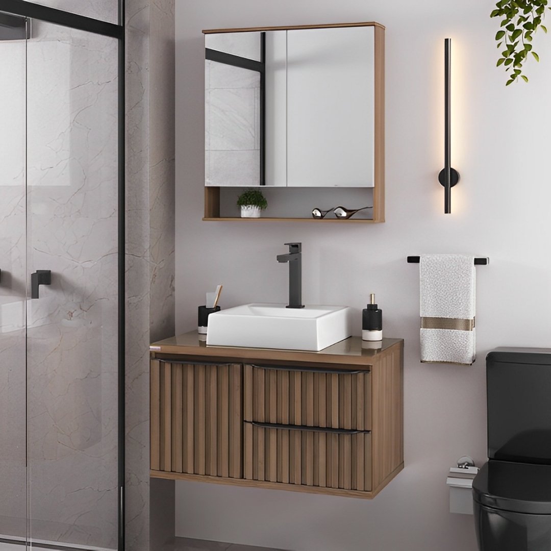 Kit Conjunto de Balc&atilde;o Para Banheiro Cec&iacute;lia 78cm Nogal/Preto Suspenso Fabribam